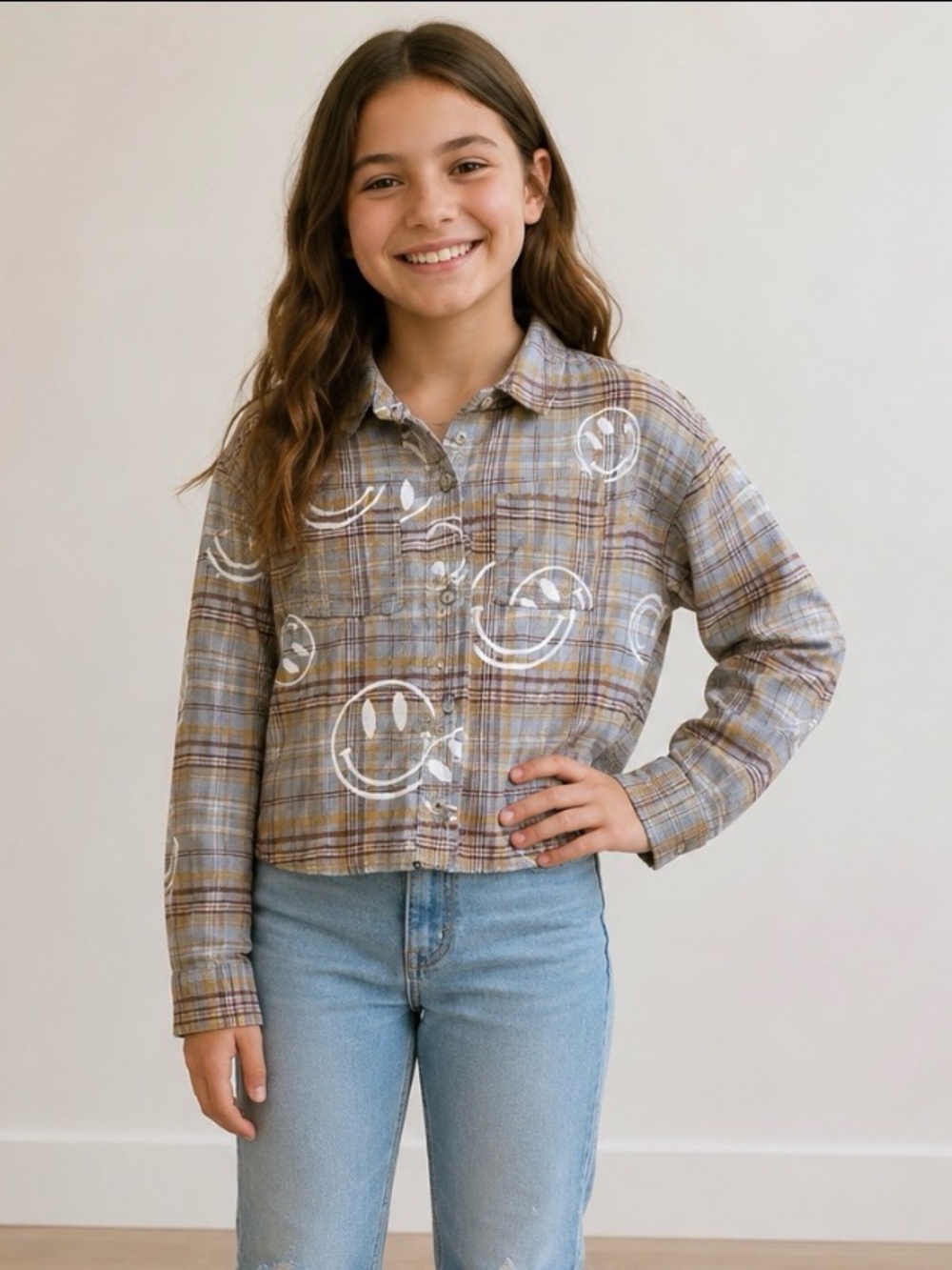 NWT girls sz 14 plaid happy face shirt 1496